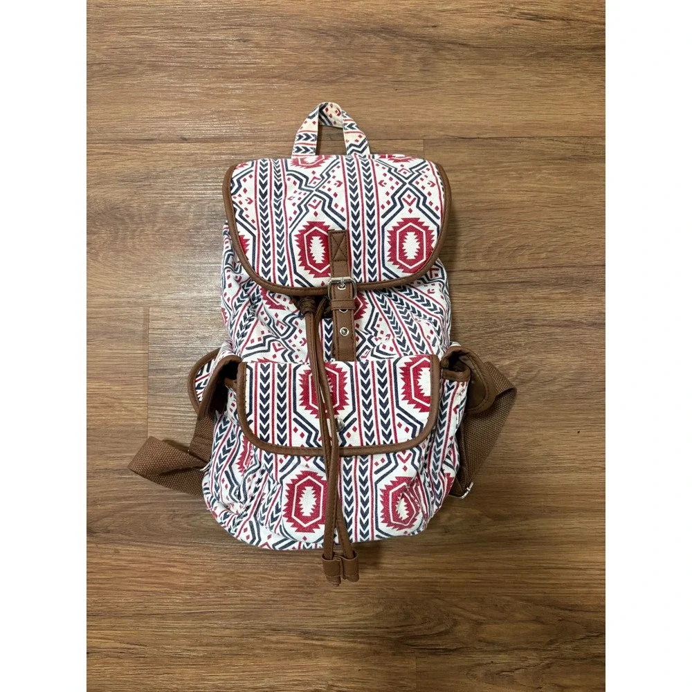Southwestern Tribal Geometric Canvas Backpack Red Navy White Aztec Print Bag